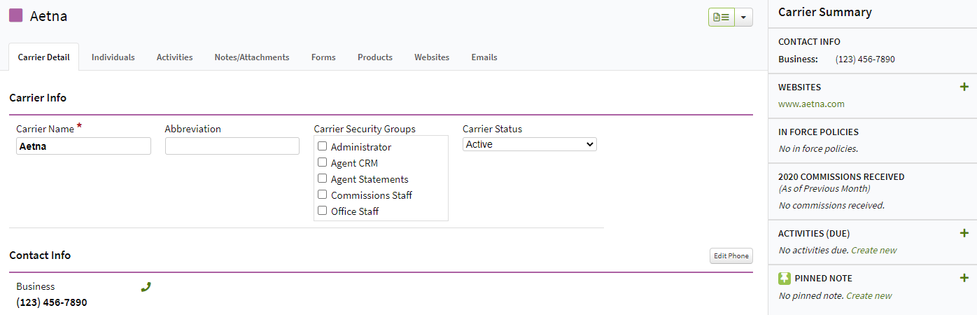 Screenshot showing a carrier's Detail tab and right-hand summary
