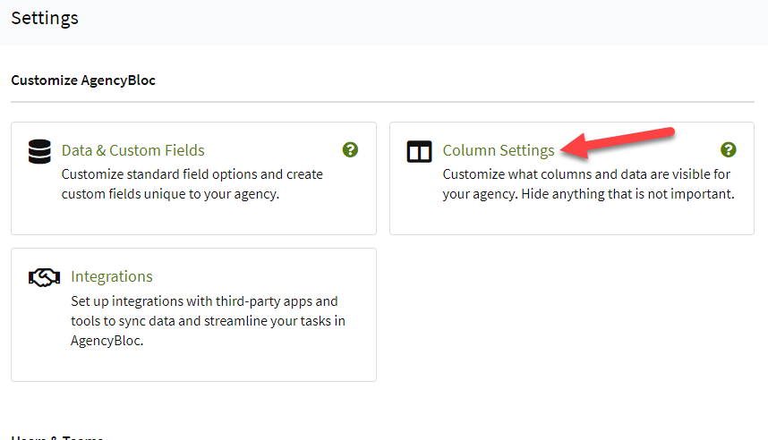 Screenshot showing the Column Settings option in the Settings area