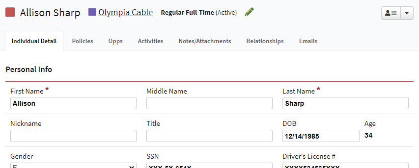 Screenshot showing where employment classification and status appear on the individual record
