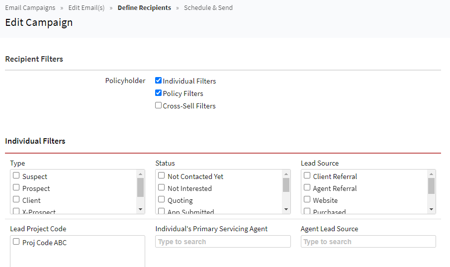 Screenshot showing the campaign filters