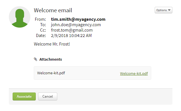 Screenshot showing an unassociated email