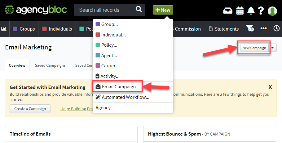 Screenshot showing how to create an email campaign using the +New button in the AgencyBloc header or the Email Marketing area