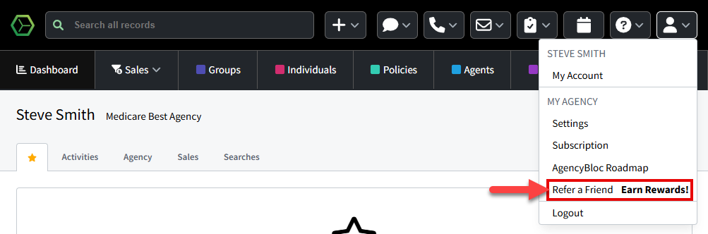 Screenshot showing the Refer a Friend link in the Profile and Settings icon menu