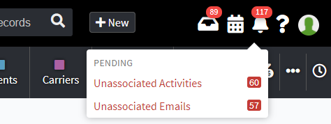 Screenshot showing the bell icon in the AgencyBloc header for accessing unassociated activities and emails