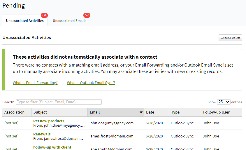 Screenshot showing the Unassociated Activities page