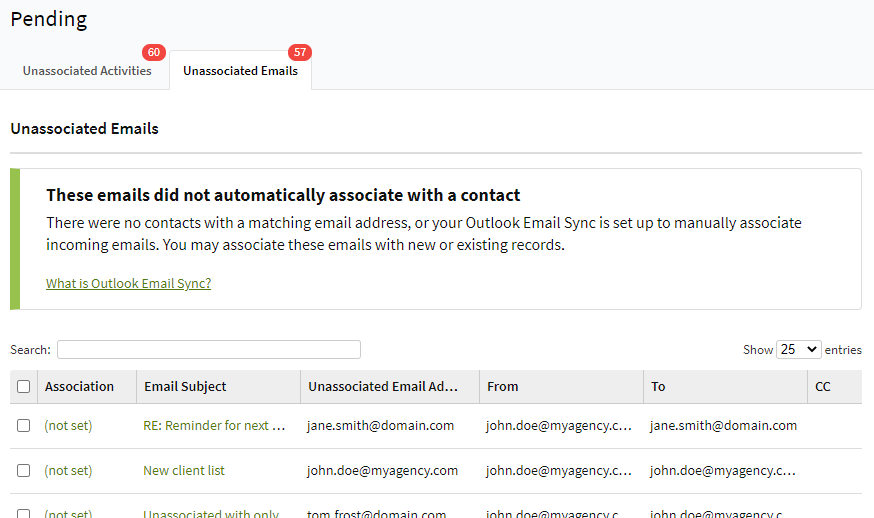 Screenshot showing the Unassociated Emails page