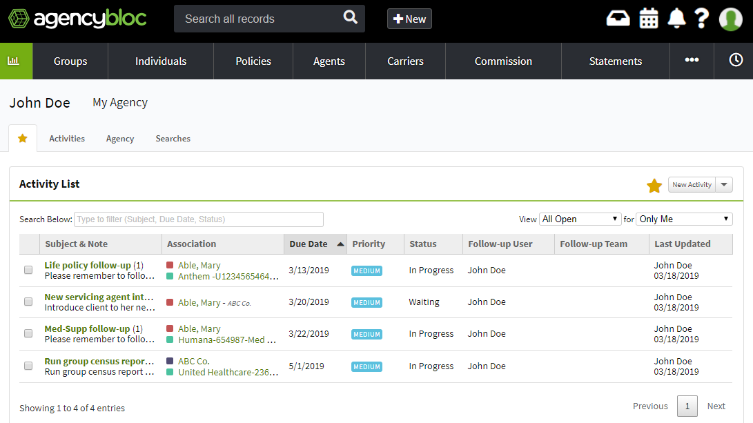 Screenshot showing the Activities List on the Personal Dashboard
