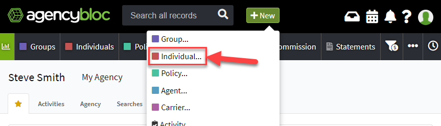 Screenshot showing how to create a new Individual record using the New button in the AgencyBloc header