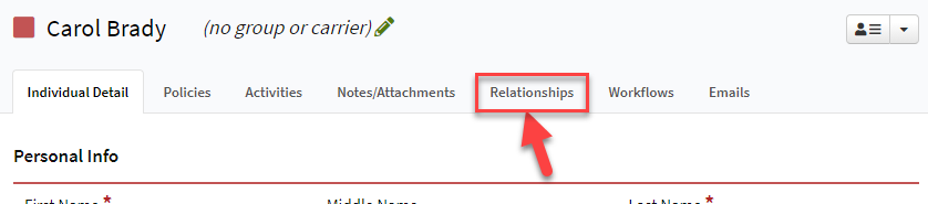 Screenshot showing the Relationships tab on an Individual record