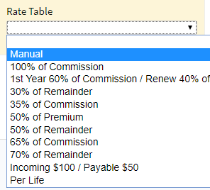 Screenshot showing a dropdown list of rate tables