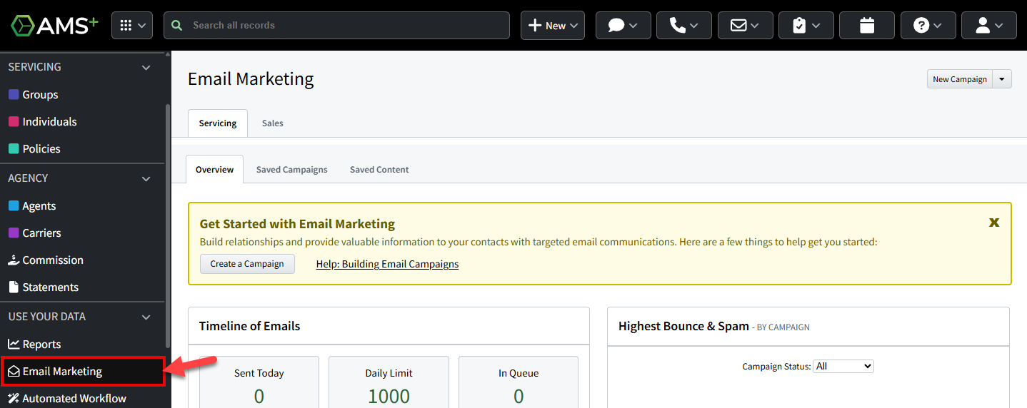Screenshot showing how to access Email Marketing from global navigation