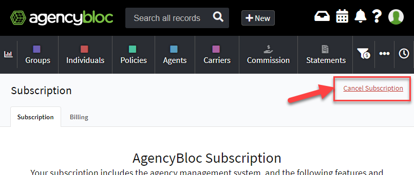 Screenshot showing a link to cancel your AgencyBloc subscription, visible to the account owner only