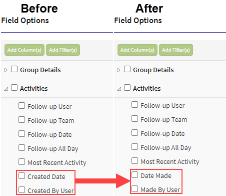 Screenshot showing before and after images of the activity field option labeling changes