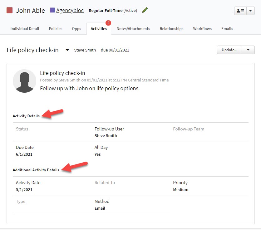 Screenshot showing the field layout when viewing an Activity after the update
