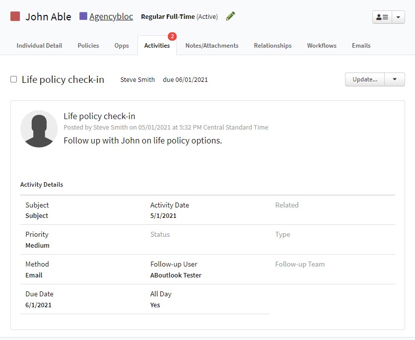 Screenshot showing the field layout when viewing an Activity before the update