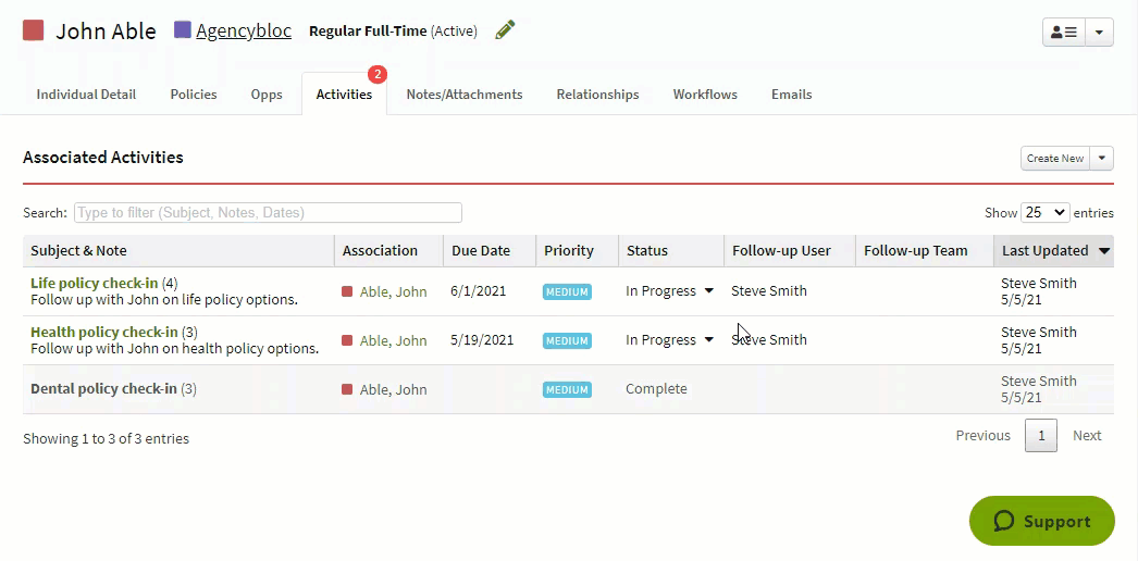 Animated image showing how to update the Activity status from the Activities tab without opening an Activity