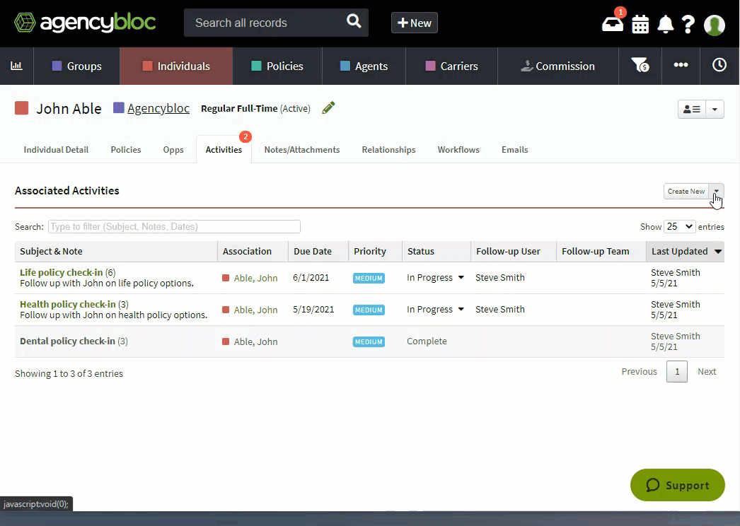 Animated image showing how to mass update Activities from the Activities tab