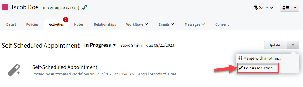 Screenshot showing how to edit an Activity's association
