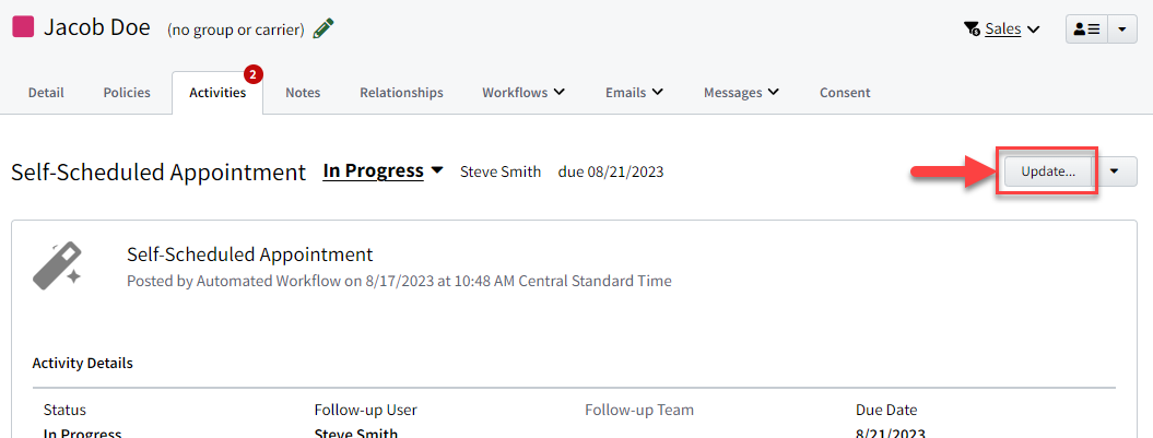 Screenshot showing how to update an Activity