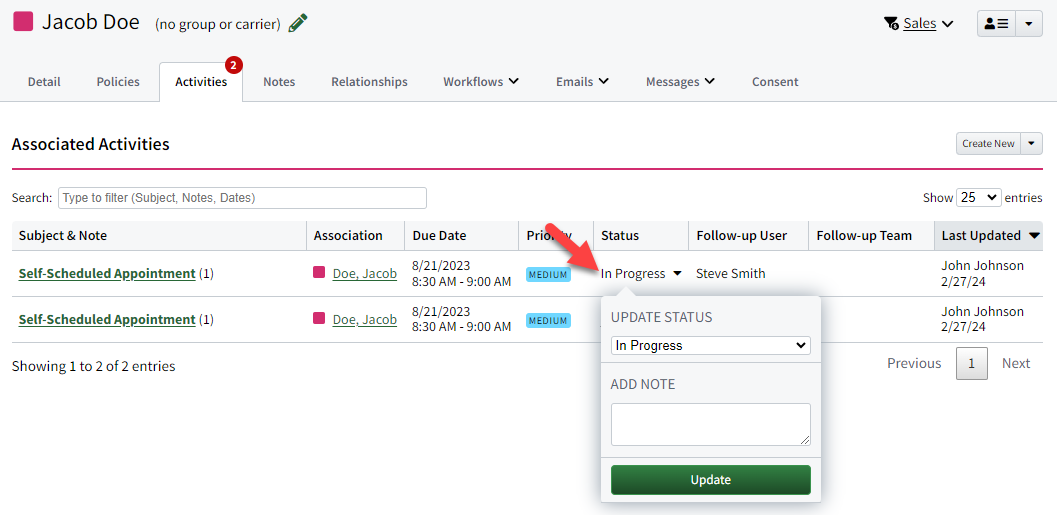 Screenshot showing how to update an Activity's status without needing to open it