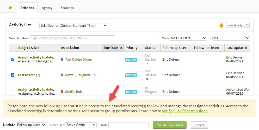 Screenshot showing an alert when mass reassigning Activities