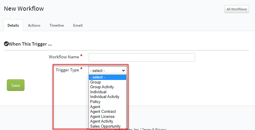 Screenshot highlighting a workflow's trigger type