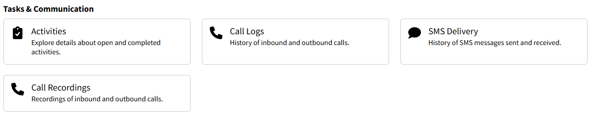 Screenshot showing Standard Reports for Tasks and Communications