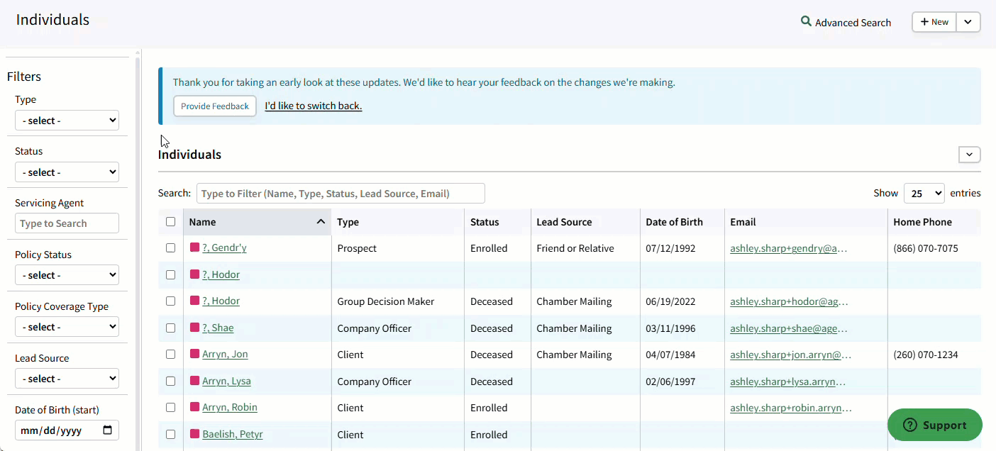 Animated image showing how to apply filters on the Individual Search page
