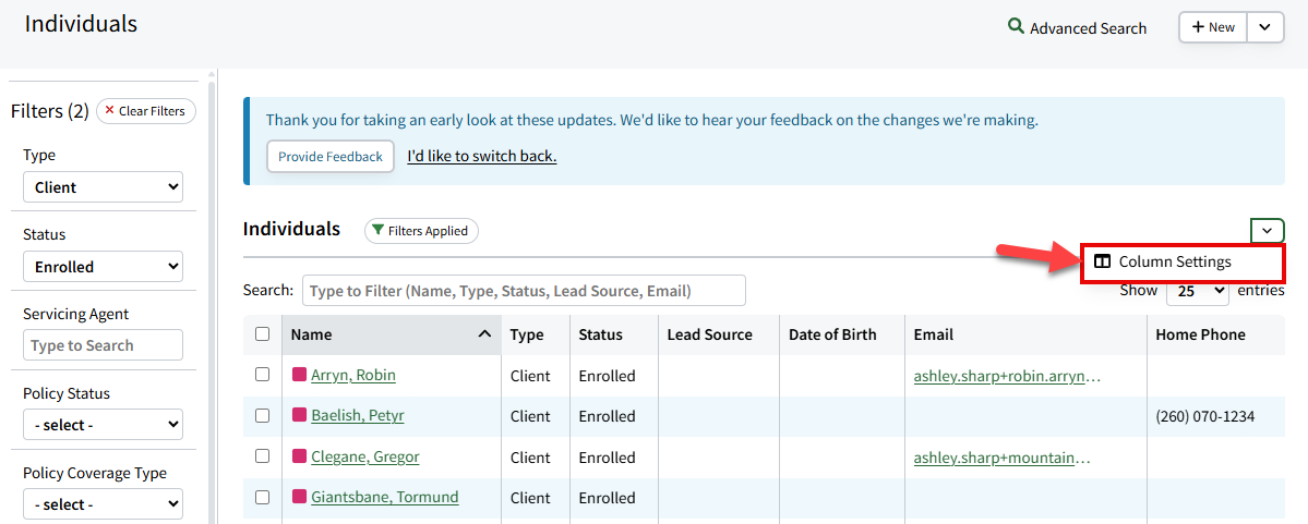 Screenshot showing how to access Column Settings from the Individual Search page