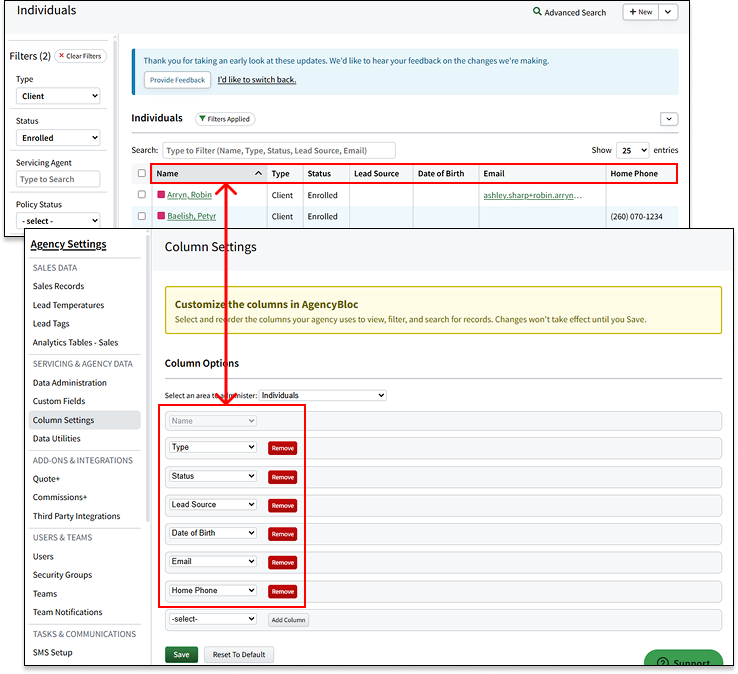 Image showing the connection between the table columns on the Individual Search page and Column Settings