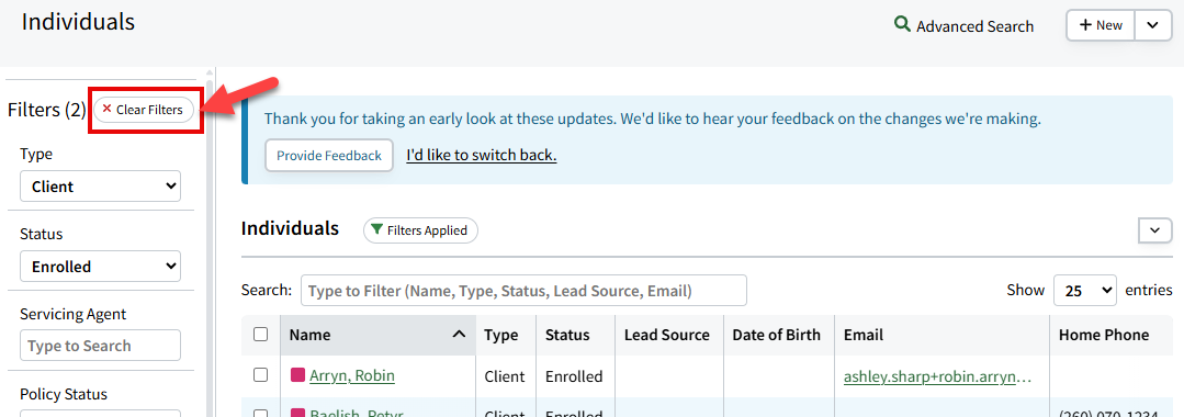 Screenshot showing how to remove all applied filters on the Individual Search page