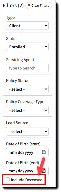 Screenshot highlighting the Deceased Date filter on the Individual Search page