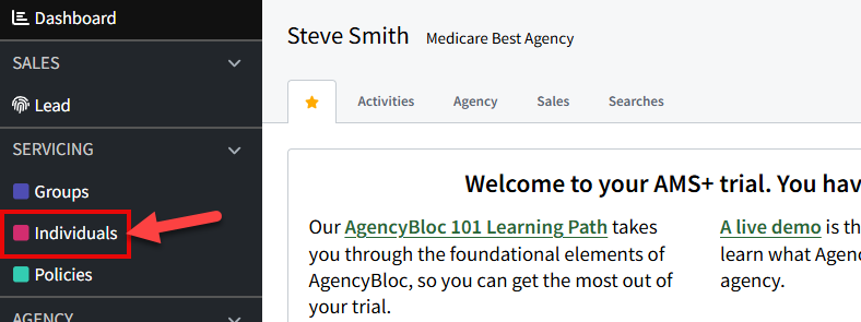 Screenshot showing how to navigate to the Individual Search page from the site's left-hand menu