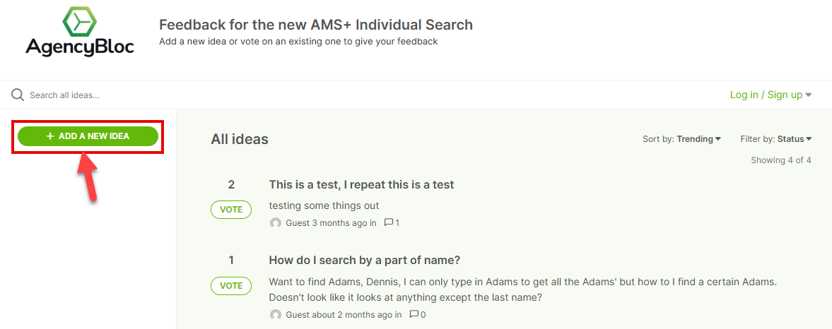 Screenshot showing the feedback portal and highlighting how to add a new idea