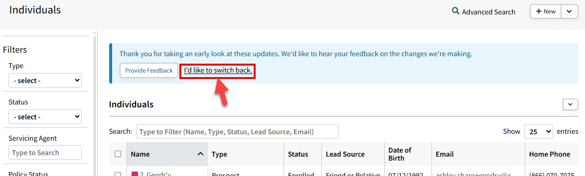 Screenshot showing how to switch back to the old Quick Search