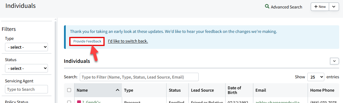 Screenshot showing how to give feedback