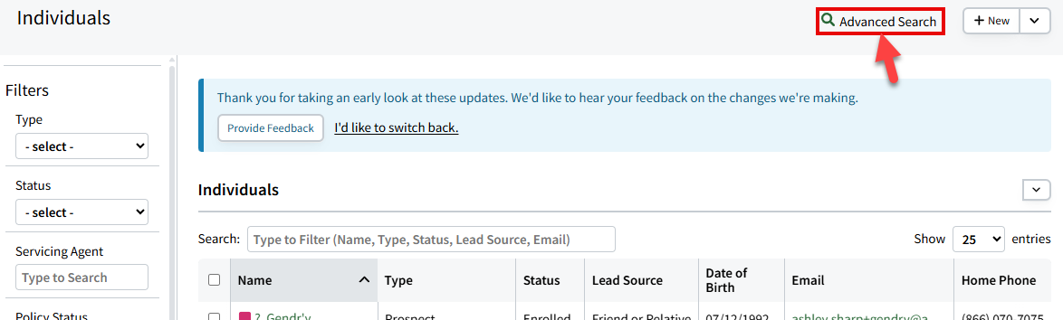Screenshot showing how to navigate to Advanvced Search from the Individual Search page