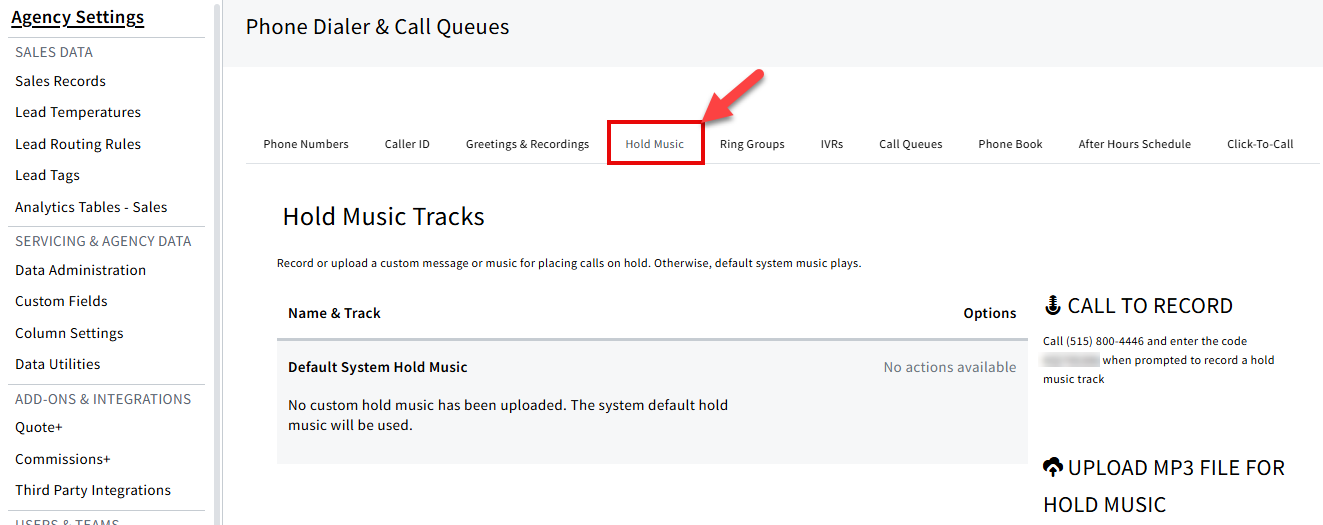 Screenshot showing how to navigate to the Hold Music tab