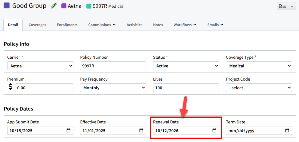 Screenshot emphasizing the Renewal Date field on a Policy Record