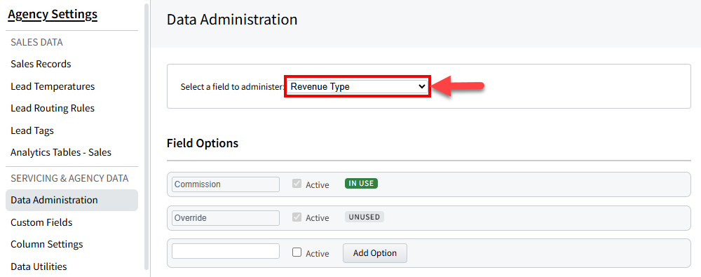 Screenshot showing the Revenue Type field in Data Administration