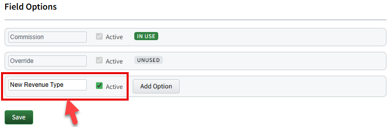Screenshot showing how to add a new Revenue Type value and make it active