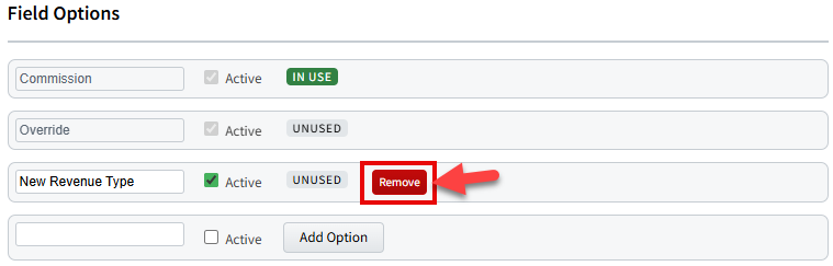 Screenshot showing how to remove a Revenue Type field value