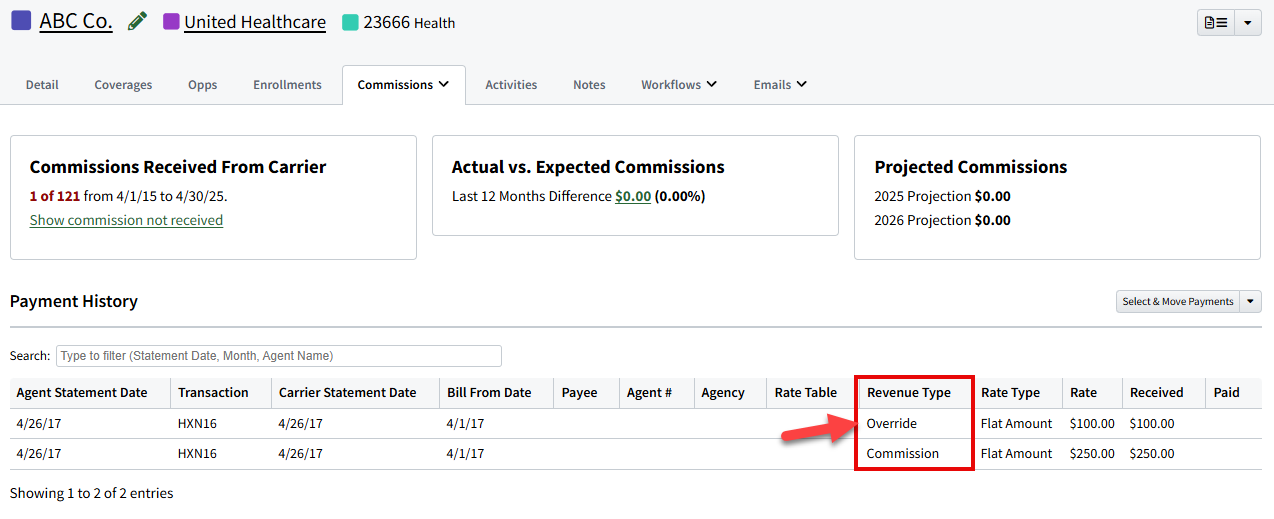 Screenshot showing Revenue Type on the Payment History tab of a Policy Record