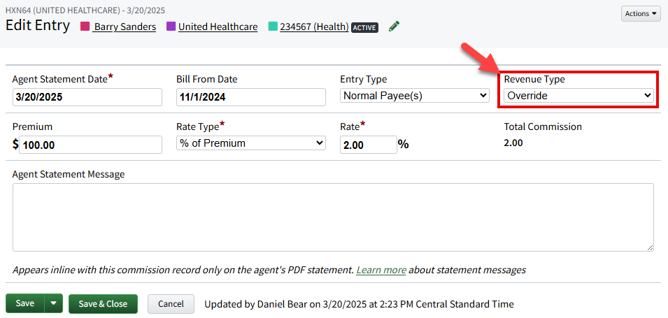 Screenshot showing the Revenue Type on a Commission Entry