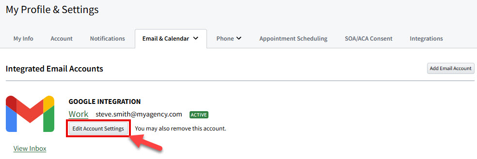 Screenshot showing how to edit a connected email account's integration settings