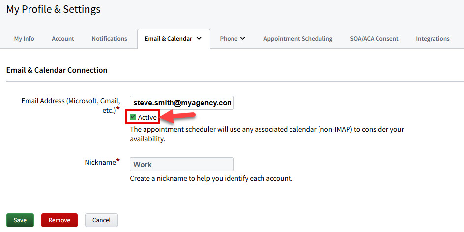 Screenshot showing how to inactivate a connected email account