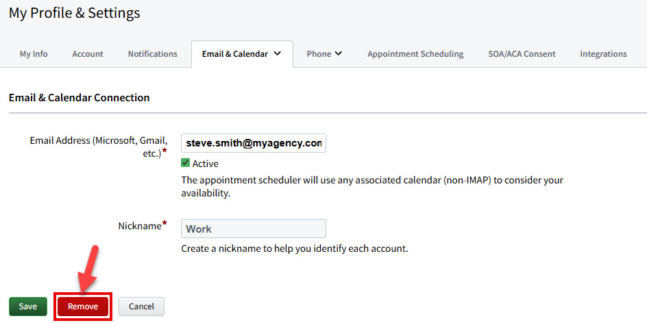 Screenshot showing how to remove a connected email account