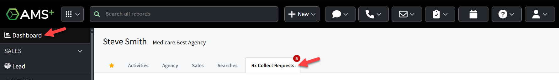 Screenshot showing how to navigate to the Rx Collect Requests Dashboard