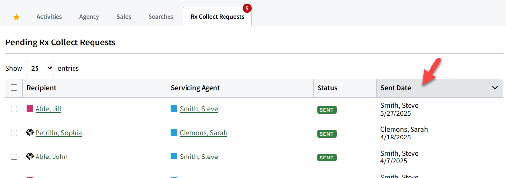 Screenshot showing how to sort Rx Collect requests by Sent Date