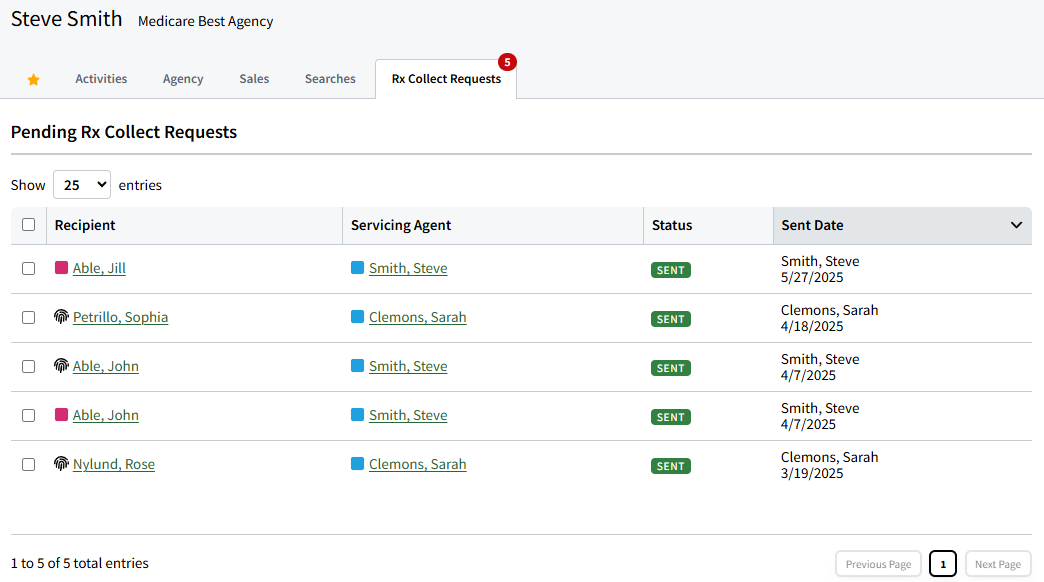 Screenshot showing a list of outstanding Rx Collect requests on the dashboard